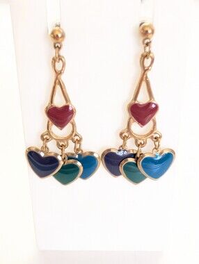 Vintage 1980s Glam Gold Tone Enamel Colorful Heart Dangle Post Earrings